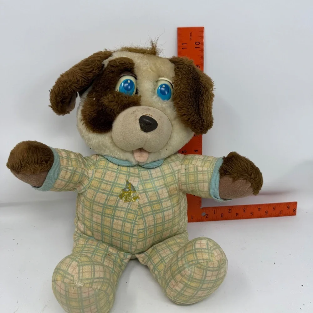 Vintage 1990 Galoob Puppy Dog Plush Blue Eyes Plaid Pajamas Brown White 11 inch